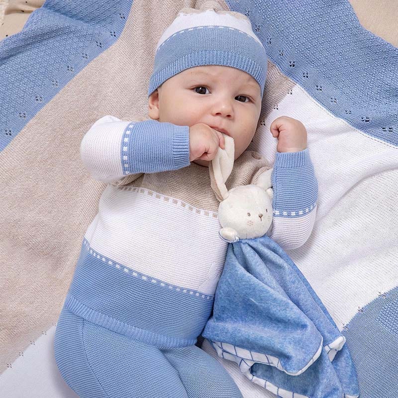 Conjunto polaina tricot Ecofriends recién nacido niño. Prenda 100% algodón orgánico. Incluye un jersey con polaina a juego. Diseño con pies.