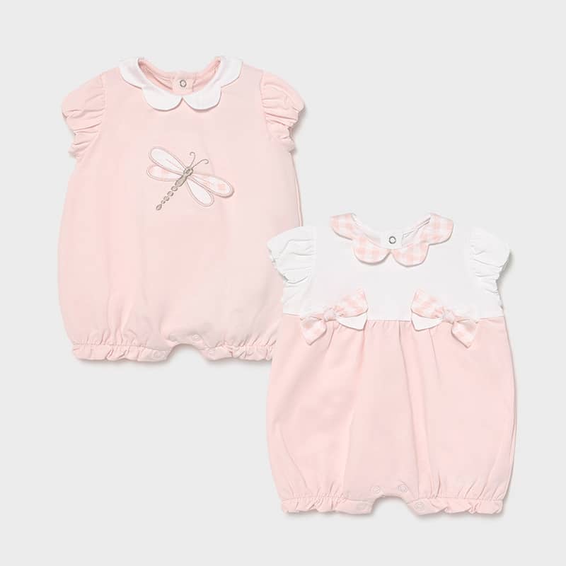 Set 2 peleles cortos mariposa Mayoral, tejido de algodón en tonos rosa, ideales para salir a la calle o estar cómodas en casa.