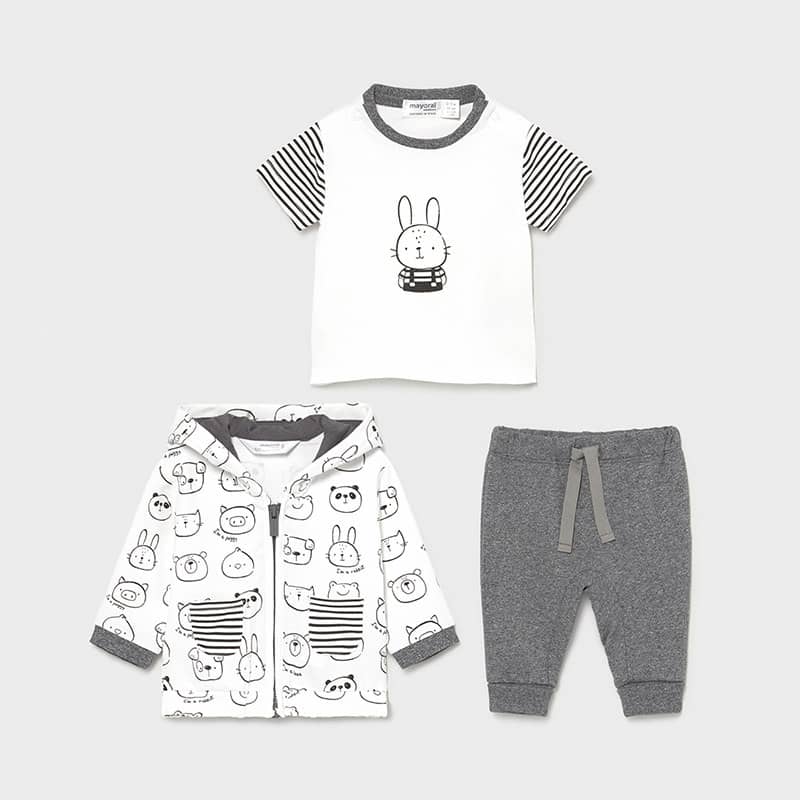 Chándal tres piezas recién nacido animales antracita. Ideal este conjunto gris y blanco. Chaqueta cremallera, camiseta, pantalón.