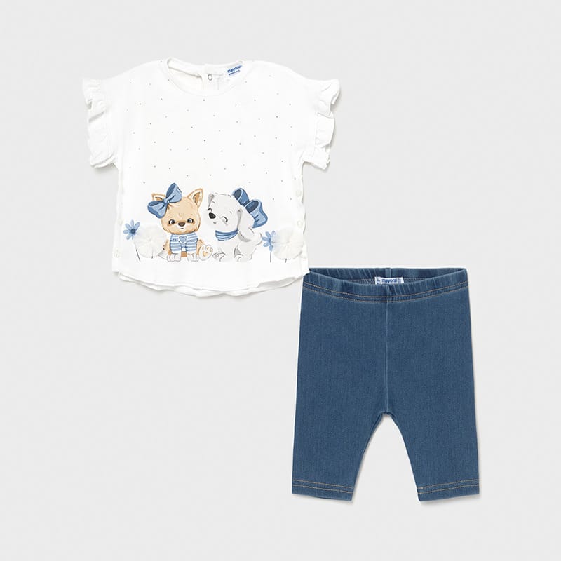 Conjunto leggings punto denim bebé Mayoral. Camiseta con puntitos plata y serigrafía de perritos. Leggings efecto vaquero.